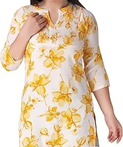 ladyline Womens Rayon Printed Short Tunic Top Shirt Stand Collar Pintucks Button Kurti kurta Blouse